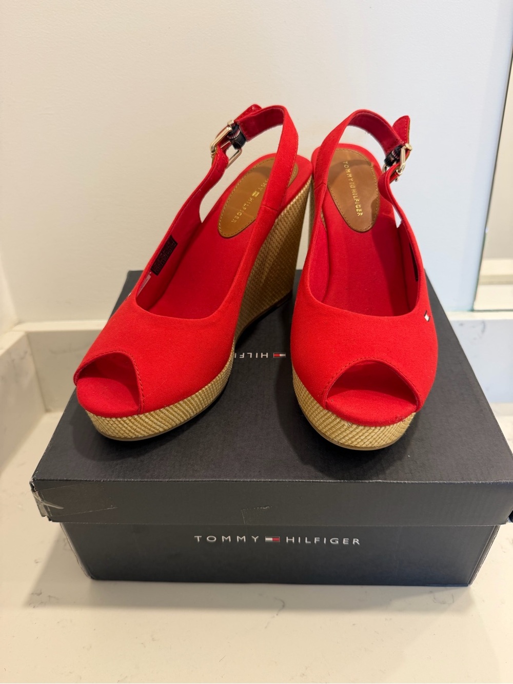 Tommy Hilfiger Red Peep-Toe Espadrille Wedge Sandals